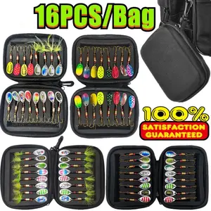 Rotating Fishing Lure with Feather & Hooks, 16pcs/set Metallic Fishing Spinnerbait with Storage Bag, Fishing Accessories, Fishing Lures Kit