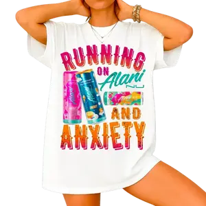 Running on Alani and Anxiety Merch Tee, Funny Alani Nu Energy Drink Graphic T-Shirt, Trendy Gym Girl Casual Cotton Top for Women & Unisex Streetwear, Soft Daily Outfit, Perfect Gift for Energy Drink Lovers