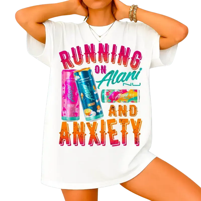 Running on Alani and Anxiety Merch Tee, Funny Alani Nu Energy Drink Graphic T-Shirt, Trendy Gym Girl Casual Cotton Top for Women & Unisex Streetwear, Soft Daily Outfit, Perfect Gift for Energy Drink Lovers