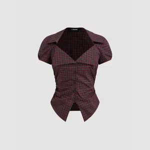 Cider [3 colors, size 0-10] 100% Cotton Tartan Split Ruched Shirt