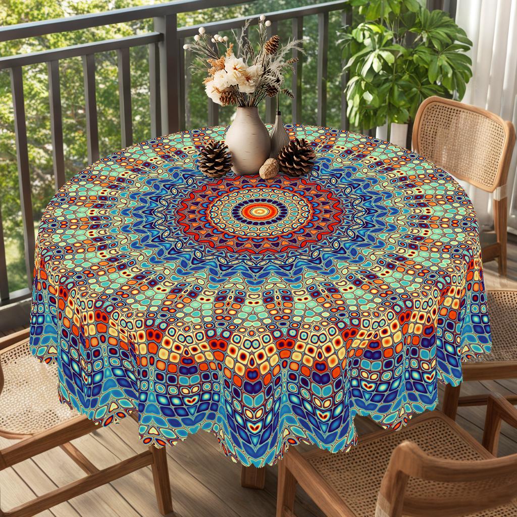 PLUMLIK Vibrant Boho Tablecloth, Colorful Retro Bohemian Round Rectangle Tablecloth, Exotic Style Decoration for Outdoor Indoor, Suitable for  Farmhouse Courtyard Thanksgiving Day Christmas Party, Daily Holiday Kitchen Restaurants, Home Dorm Accessories