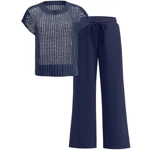 Women Summer Two Piece Sets Crochet Sheer Knit Sweater Top Wide Leg Pants Lounge Matching Sets Sweatsuit Comfort Vacation Going Outfits Womenswear Clothes