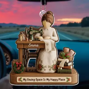 Personalized Sewing Lady Acrylic Keychain, Custom Seamstress Keychain with Name, My Sewing Space Is My Happy Place Keepsake, Sewing Lover Gift, Gift for Mom Grandma