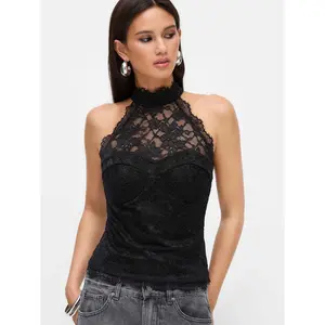 Cider Lace Halter Neckline Tie Back Top