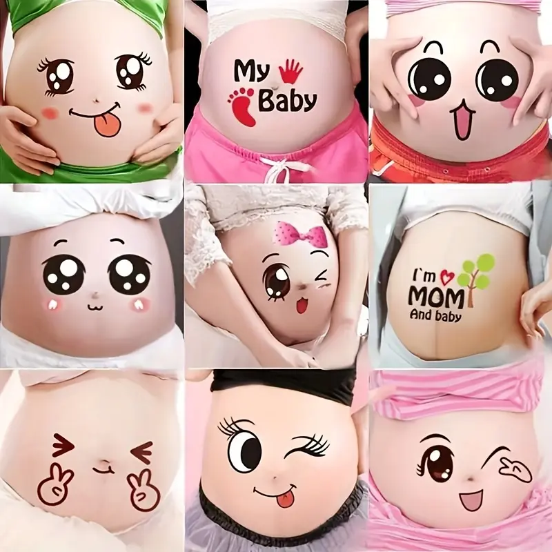 9pcs Funny & Cute Pregnancy Belly Stickers - Expressive Maternity Decals for Showers, Adorable Bump Stickers with Playful Faces, "MY " & "I'M HUNGRY" Designs, Mixed Colors, Perfect for Expecting Moms