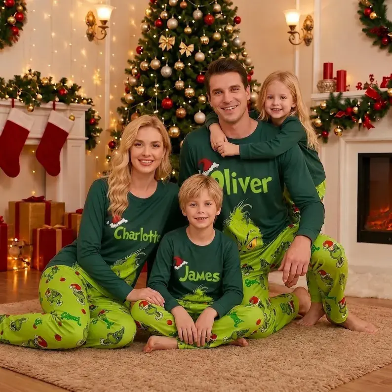 Personalized Christmas Pajamas, Matching Green Family Pajama Set, Custom Monogram Couples Christmas PJs, Holiday Sleepwear