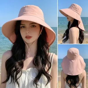 Foldable Wide Brim Beach Hat for Women, Summer Sun Protection Bucket Hat with Adjustable Chin Strap, Breathable Outdoor Fashion Hat for Hiking & Travel
