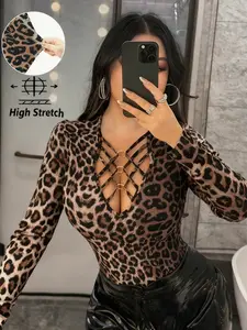 Women's Leopard Print Low-Cut Long Sleeve Top, Slimming and Sexy Fitted Bodysuit, Stylish and Versatile Tight Inner T-Shirt