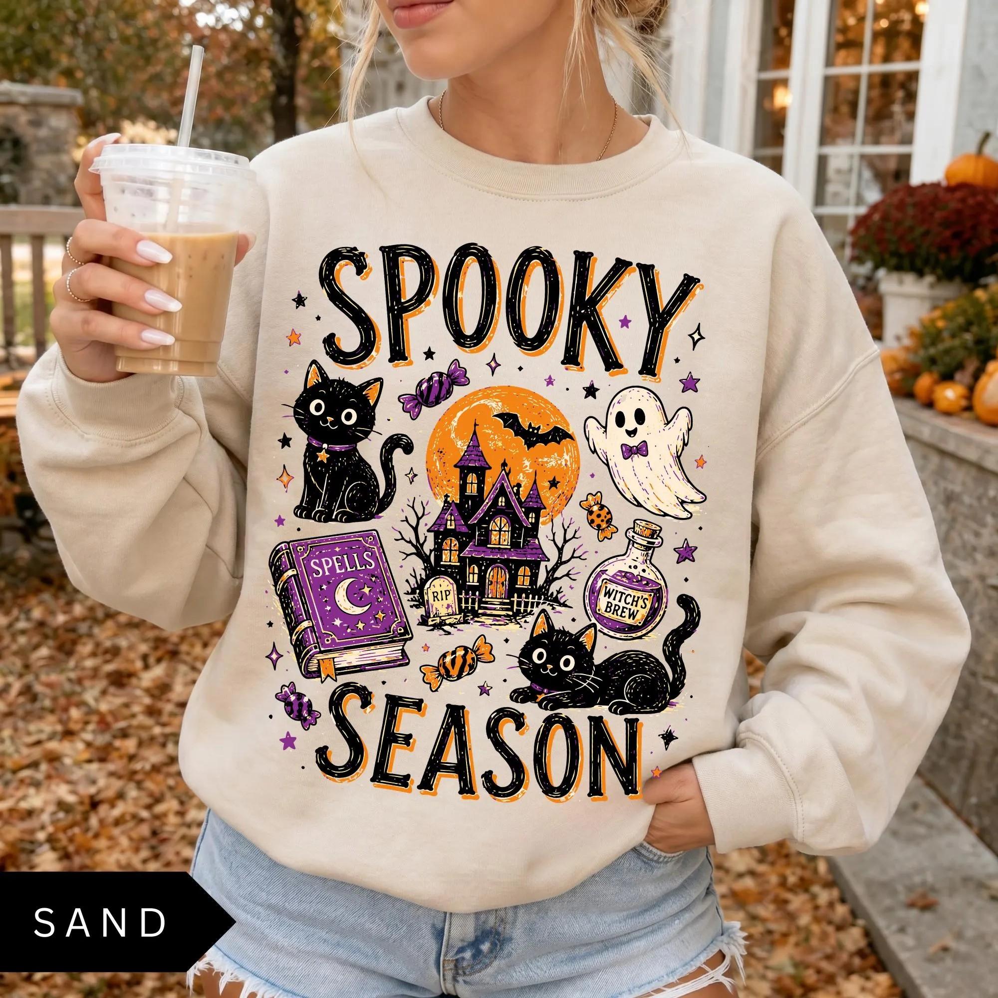 Spooky Season Cat Lover Sweatshirt, Cute Women’s Halloween Crewneck, Funny Witchy Cat Halloween Sweater, Oversized Spooky Fall Season Apparel, Retro Ghost Witch Graphic Pullover, Aesthetic Halloween Gift for Cat Mom, Trendy Fall Party Outfit
