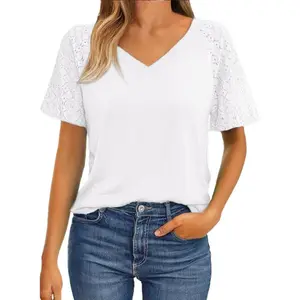 Dokotoo Women's Short Sleeve V Neck Lace Top - Relaxed Fit, 65% Polyester, 30% Viscose, 5% Elastane, Comfortable Business Casual Blouse - Womenswear