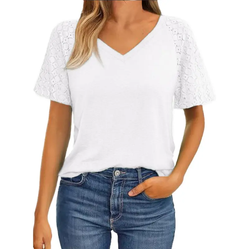 Dokotoo Women's Short Sleeve V Neck Lace Top - Relaxed Fit, 65% Polyester, 30% Viscose, 5% Elastane, Comfortable Business Casual Blouse - Womenswear