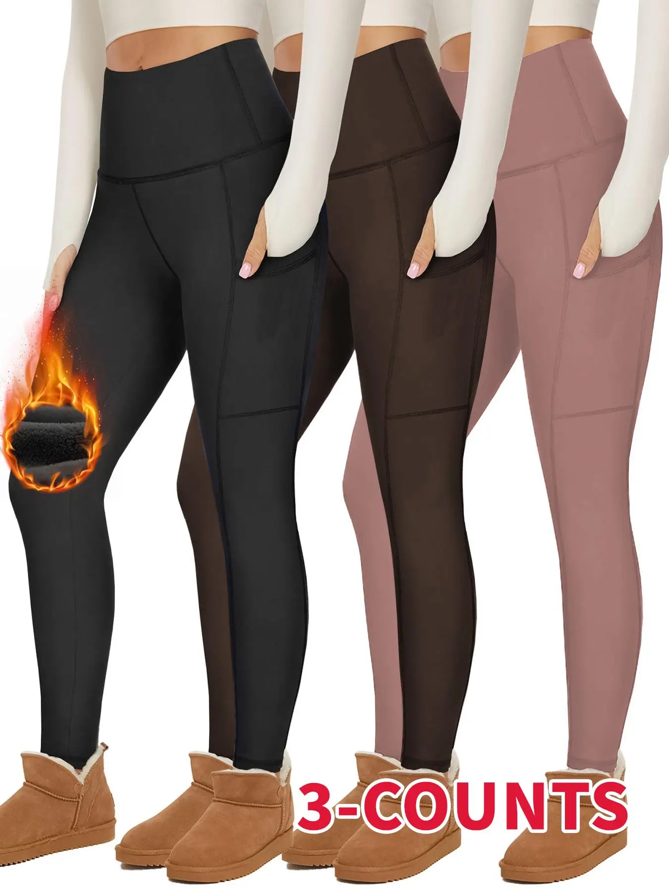 Women's High-Waisted Fleece Lined Leggings with Pockets, Sporty Tight-Fit Winter Pants for Yoga Running Fitness All Seasons Wear