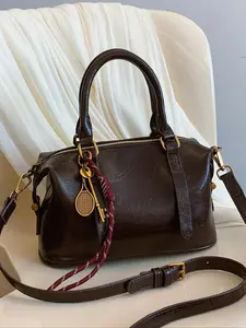 Retro brown soft leather handbag, key pendant cloud bag shape, fashionable lazy style pleated handbag, fun  versatile trendy cloud bag, niche design suitable for daily commuting, shopping and dating, etc., Casual handbag