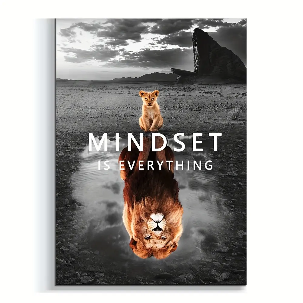 1pc Mindset Is Everything Lion & Lion Reflection Canvas Poster - Minimalist & Lion Wall Art with "Mindset Is Everything" Quote - Modern Home Office Decor, Bedroom, Cafe - Inspirational Entrepreneur Quote Print - Motivational Gift For Profes