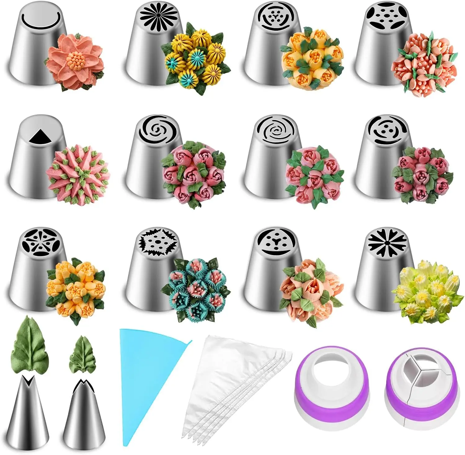 Russian Piping Tips Set Cake Decorating Supplies including Icing Tips, Pastry Baking Bags, Leaf Piping Tips, Couplers, Silicone Bag for Cake Decorations