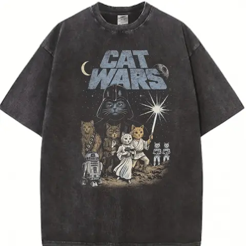 Men's Vintage 90s Cat Wars Graphic Tshirt - Classic Soft Seamless Cotton Fabric Garment, Round Neck, Short Sleeve, Easy Care Menswear Top for Cat Lovers, Sci-Fi Gift