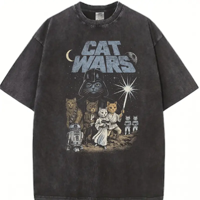Men's Vintage 90s Cat Wars Graphic Tshirt - Classic Soft Seamless Cotton Fabric Garment, Round Neck, Short Sleeve, Easy Care Menswear Top for Cat Lovers, Sci-Fi Gift
