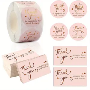 1roll/50pcs Thank You For Supporting My Small Business Cards And Stickers  Pink Golden Foil Thank You Cards For Retail Store Package Insert Envelope Seals Business Owner Sellers Round Label