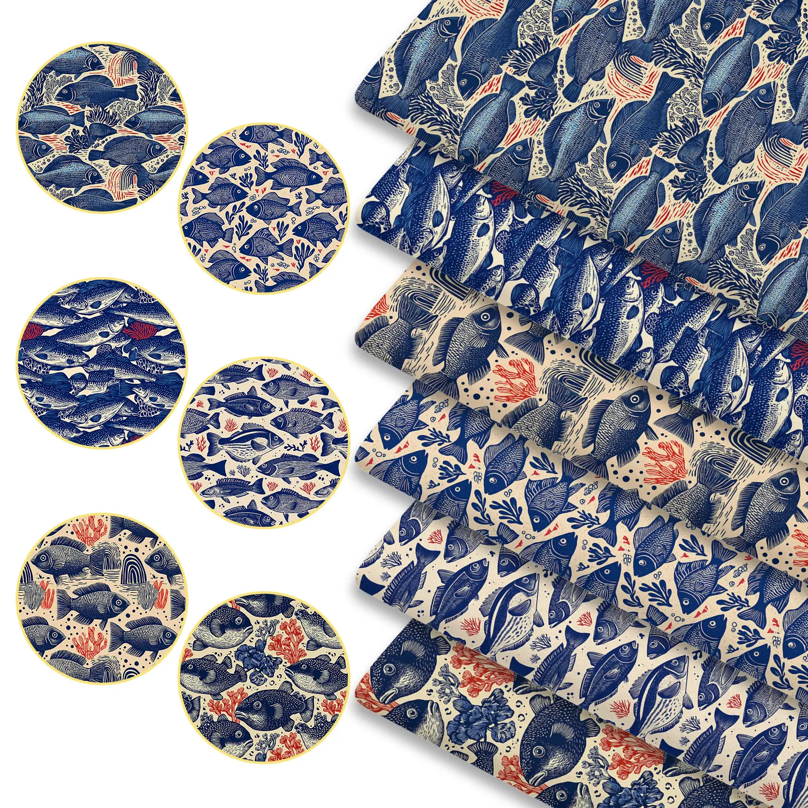 6pcs Linocut Style Fish Fabric Bundles, 45cmx50cm (17.72x19.69in) Block Print Ocean Marine Pattern Fabric Squares for Quilting, Patchwork DIY Sewing Material for Bedding, Tablecloth, Bags, Headbands, Pillowcases