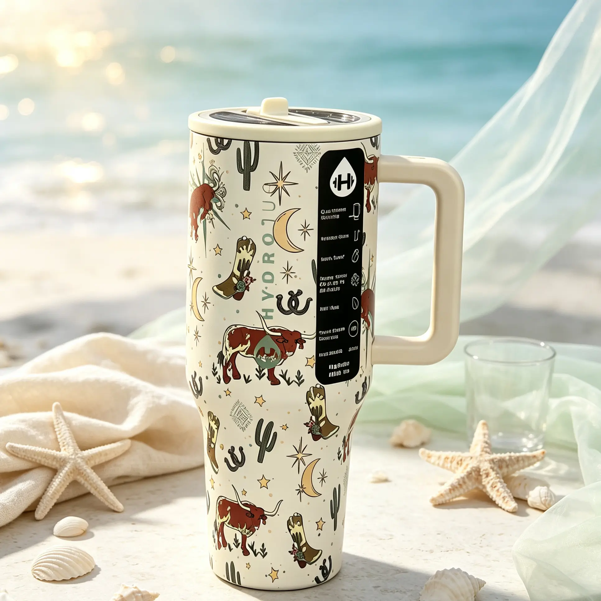 HydroJug 40oz Retro Tall Stainless Steel Insulated Flask Tumbler with Handle, Western Longhorn Cow Print, Cowgirl Desert Design, 24-Hour Cold Retention, Leak-Proof, Car Cup Holder Friendly