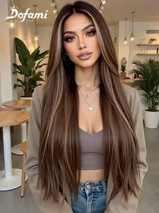 28 Inch Lace Front Wig, Highlight Wig, Natural Straight Hair, No Glue, Seamless Design, Perfect for Parties and Daily Wear, Suitable for Women, Glueless Lace Frontal