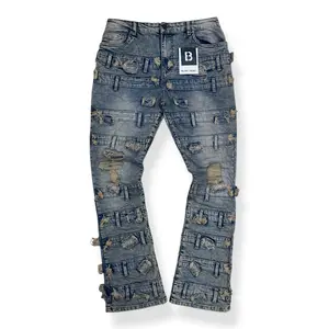 BTP25892 - Belted Pattern Stacked Flare Jeans