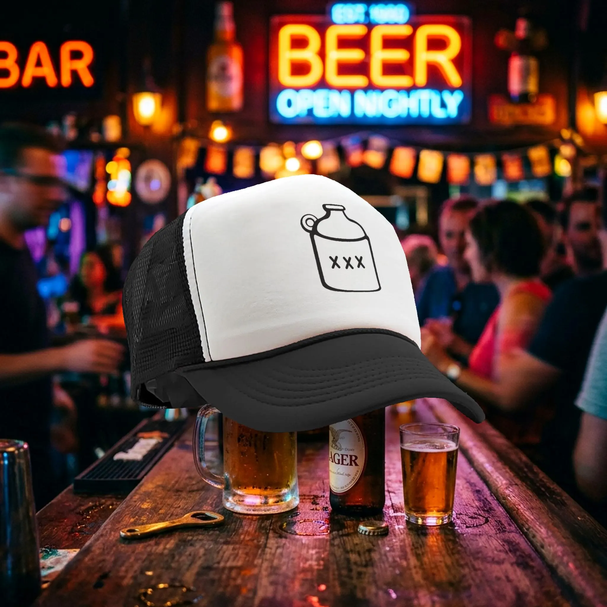 Unisex Retro Style Mesh Back Trucker Cap - Whiskey Jug Tennessee Moonshine Themed, 5-Panel Vintage Fashion Accessory Hat