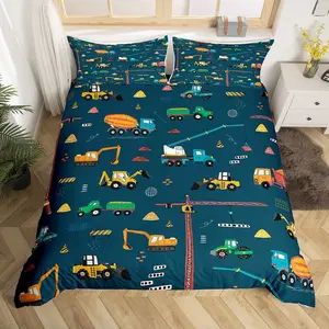 Feelyou Cartoon Pattern Duvet Cover Set, Machine Washable Microfiber Bedroom Bedding Set with Construction Vehicles Heavy Machinery Truck Design, Decorative Bedspread Cover (No Comforter Included)