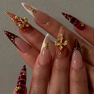24-Piece 3D Wine Snake Pattern Almond Nails, Glossy Reusable False Nails, DIY Nail Art, Gothic Style, Party & Daily Wear, Includes Jelly Glue & Nail File