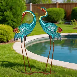 Crane Statues for Garden Decor, Blue Heron Sculptures, Metal Large Birds Lawn Sculptures & Statue for Patio Pond, Yard Decorations, Set of 2