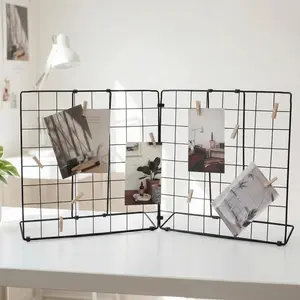 Foldable Double-sided Desktop Photo Display Rack & Grid Display Board With 20 Wooden Clips Photo & Accessory Organizer For Home Office Black