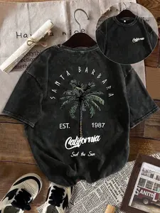 Women's Casual Loose-Fitting Round Neck T-Shirt, Tropical Palm Tree Print, Soft Breathable Lightweight Cotton for Everyday Wear, Fashionable Beach Vacation Streetwear Top