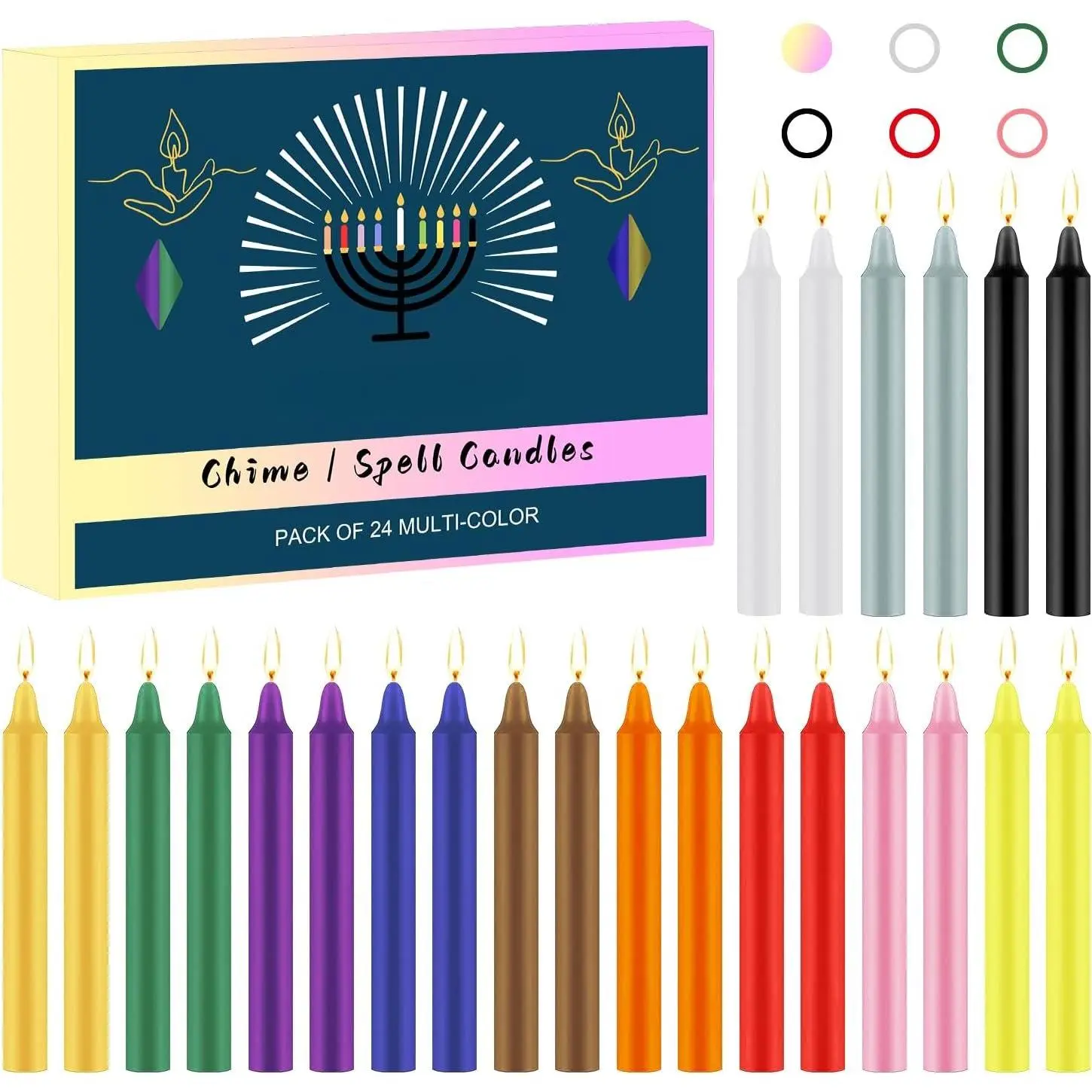 24 Pack Assorted Color Spell Chime Candles, 4 Inch Mini Taper Candles Christmas Candles for Rituals/Birthday Party/Prayer/Meditation// Altar/Magic Tools