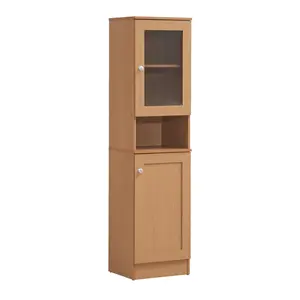 212 MAIN HIK93 Beech Wood Slim Kitchen Pantry Cabinet and Storage - 63x14.17x15.75 in, Open Shelves, Top & Bottom Enclosed Storage, Commercial Restaurant Sideboard