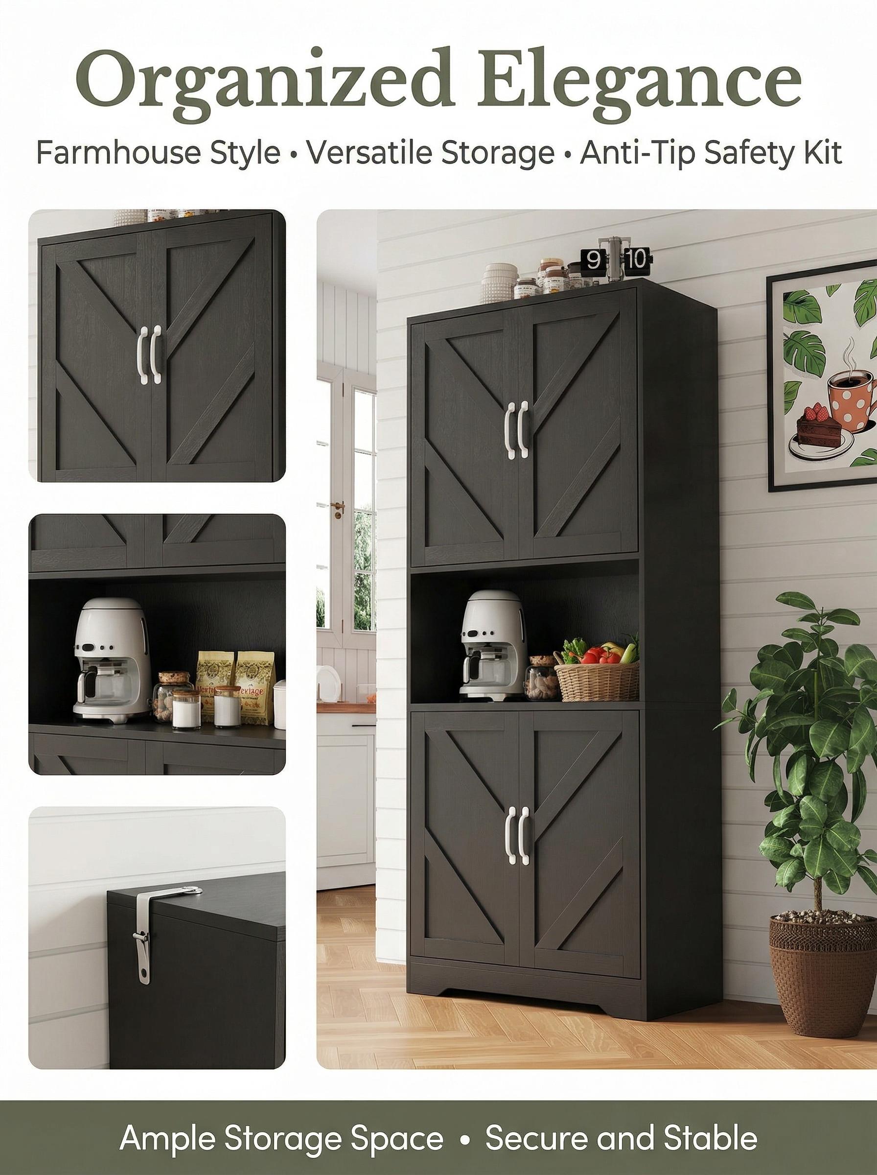 ZR-Garvee 70 Inch Tall Kitchen Pantry Cabinet with Microwave Stand and 4 Doors Large Storage Hutch with Adjustable Shelves Freestanding Cupboard for Pantry and Kitchen