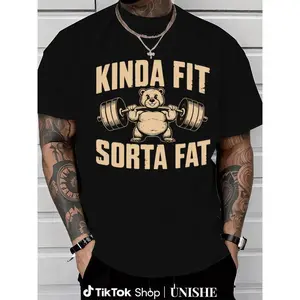 kinda fit sorta fat funny gym bear graphic tshirt, sarcastic workout humor oversized tee, men's fitness meme streetwear casual cotton top, funny daily wear gift shirt
