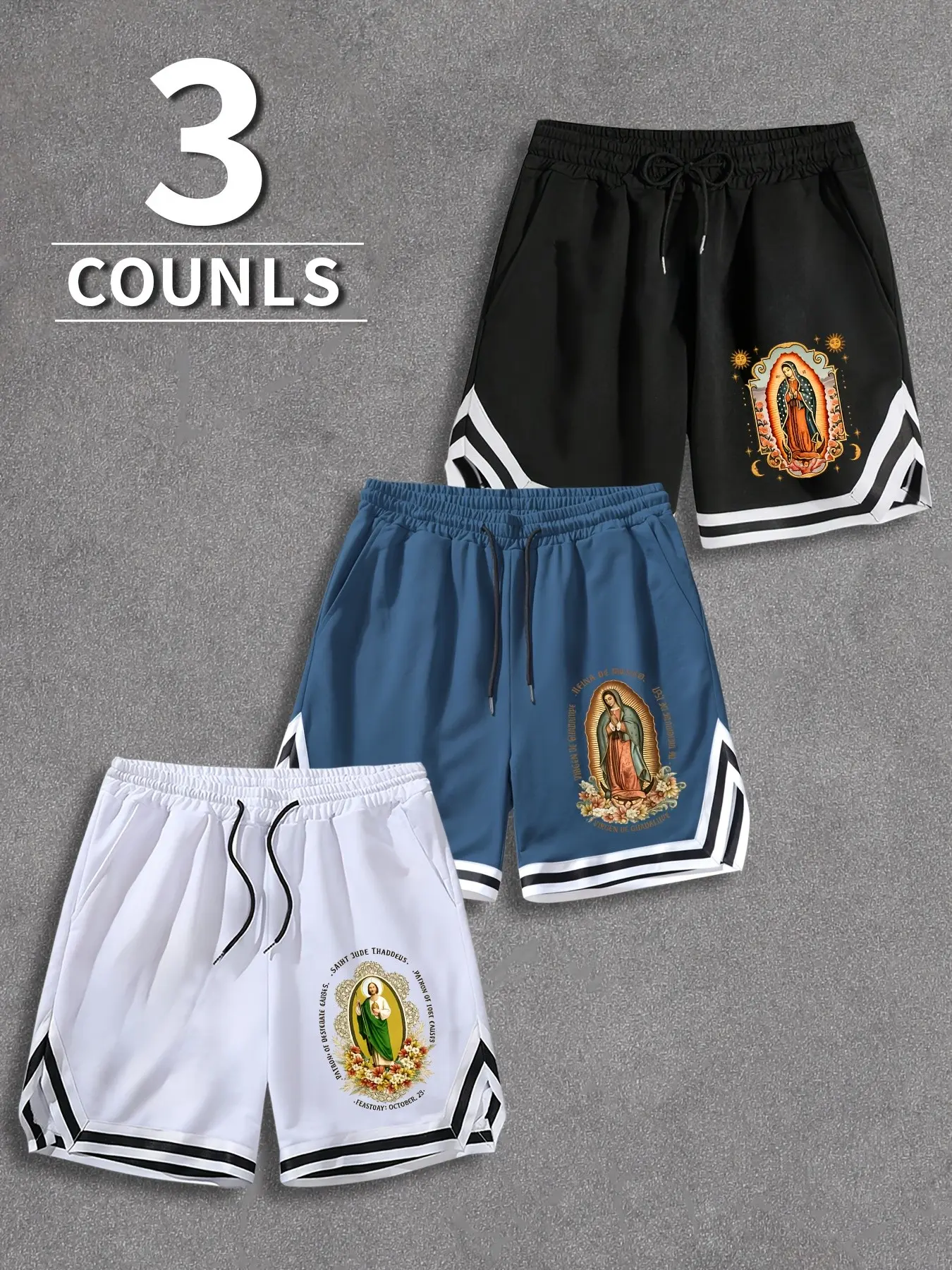 3 Pack Men's Guadalupe Saint Jude Graphic Basketball Shorts - Y2K Chicano Streetwear Loose Fit Quick Dry Athletic Shorts with Striped Trim for Gym Casual Summer