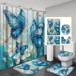 Butterfly Pattern Bathroom Decor Set, 4 Counts/set Including Shower Curtain & Toilet U-Shape Mat & Toilet Lid Cover & Bath Mat, Bathroom Accessories