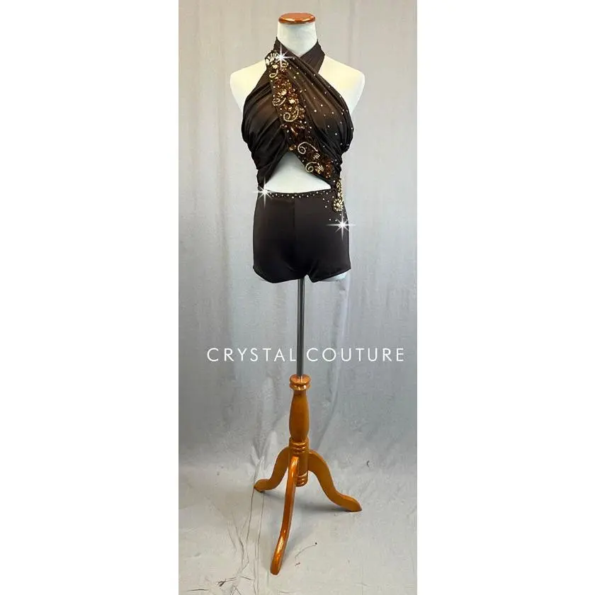 Custom Brown Halter Top Biketard - Appliques & Rhinestones