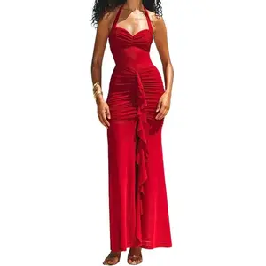 Women's Sleeveless Halter Neck Sexy Mesh Bodycon Ruched Front Split Ruffle Long Maxi Dress Fit Formal  Womenswear graduation dress