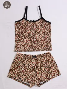 Women's Leopard Print Comfortable Soft Breathable Lingerie Strapless Briefs Sleepwear Set, Casual Fitted Bralette, Medium Support, All Seasons, Unlined, Lingerie Sets