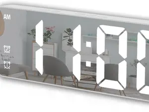 Digital Alarm Clock, Mirror Surface LED Electronic Clocks Large Display, Voice Control, Dual Power Supply, Snooze Model for Bedroom, Desk, Office, White Digit