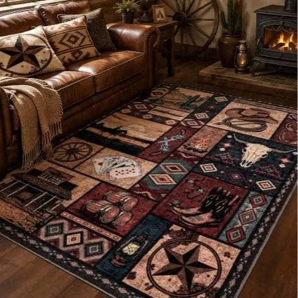 Western Cowboy Area Rug for Living Room – Soft Non Slip Vintage Rodeo Floor Carpet Western Home Decor