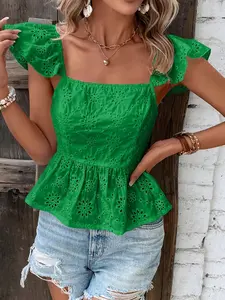 Holiday Mesh Embroidered Tie Back Top with Butterfly Sleeves, Ruched Design, Sleeveless Blouse for Women, Casual Fashion Shirts