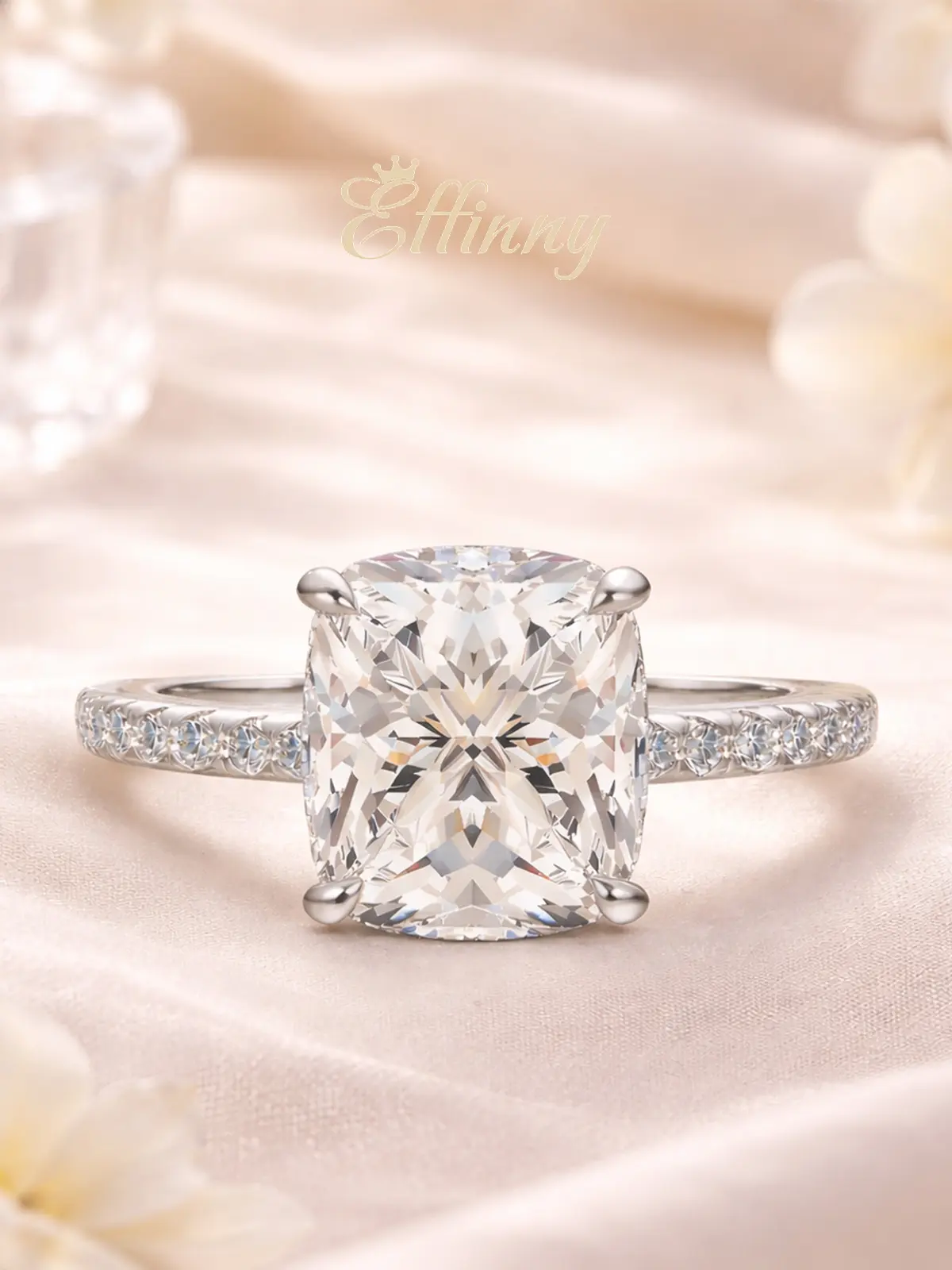 Effinny Women's 4.0 Carat Excellent Cushion Cut D Color VVS1 Clarity Moissanite Stone 14K Gold-Plated Tarnish-Resistant Synthetic Lab-Created Engagement & Wedding Rings, Travel-Friendly Jewelry