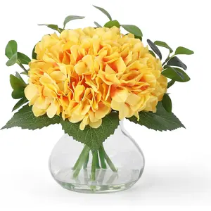 7 Silk Hydrangea Artificial Flowers in Glass Vase, Real Touch Faux Hydrangea Bouquet with Faux Water for Wedding Centerpieces, Home Table Decor, Office & Party Decorations (Yellow)
