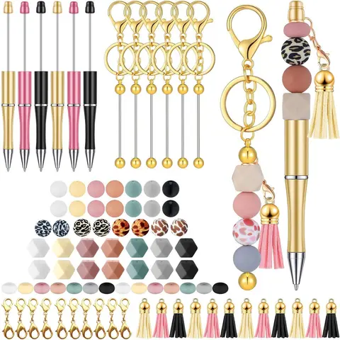 DIY Beading Kit, Handmade Beading Material, 49pcs/set Keychain Bead Making Kit, Including 2 Golden Keychains, 4 Bead Pens, 25pcs Silicone Beads, Bead Assortment, 12pcs Tassels & 6 Lobster Clasps, Jewelry Making Supplies & Beading Accessories, Bead Kits