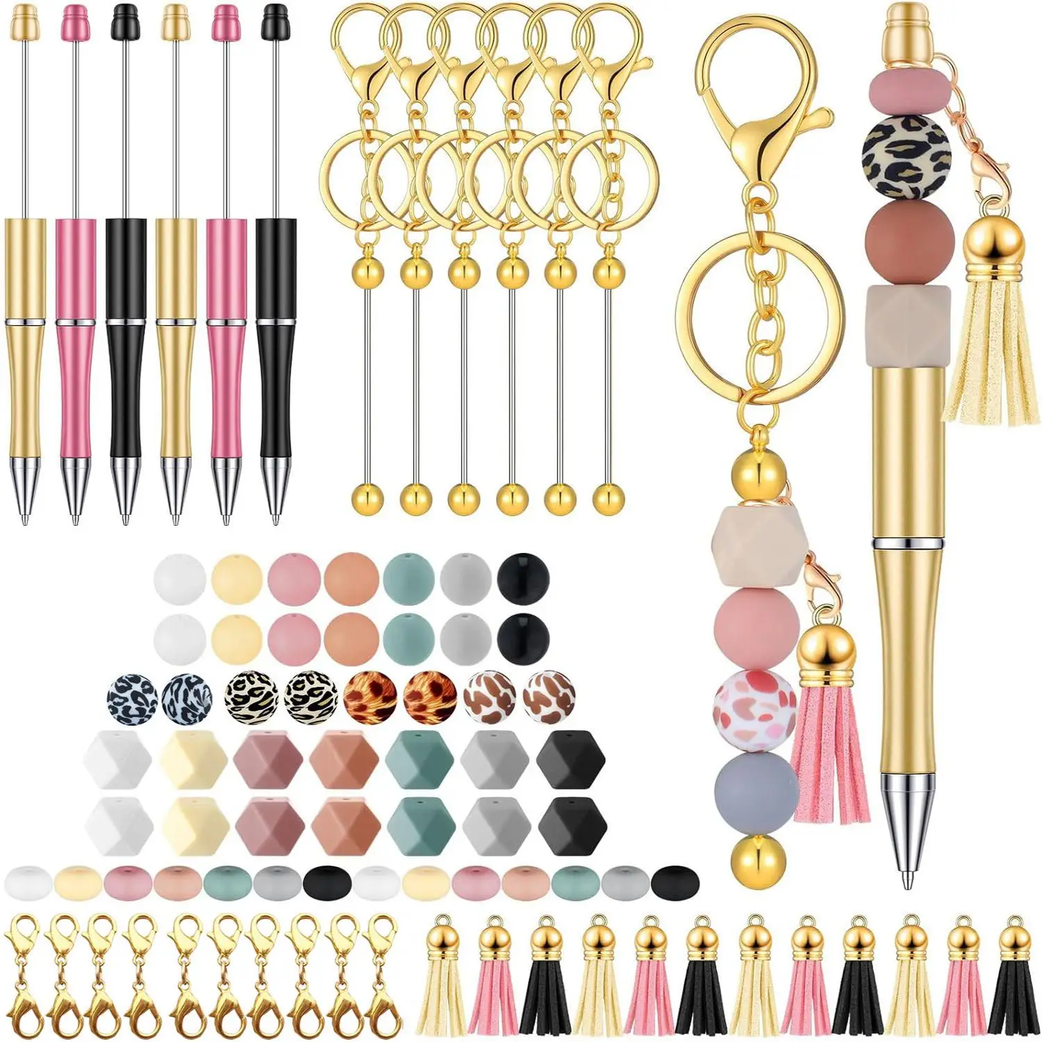 DIY Beading Kit, 49pcs/set Keychain Bead Making Kit, Including 2 Counts Golden Keychains, 4 Counts Bead Pens, 25pcs Silicone Beads, 12pcs Tassels & 6