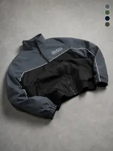 Men’s gray-black colorblock vintage NY logo aviator jacket, tailored short fit with side pockets, wrinkle-resistant woven fabric, full zip front, suitable for casual outfits, street skate style, and everyday layering.