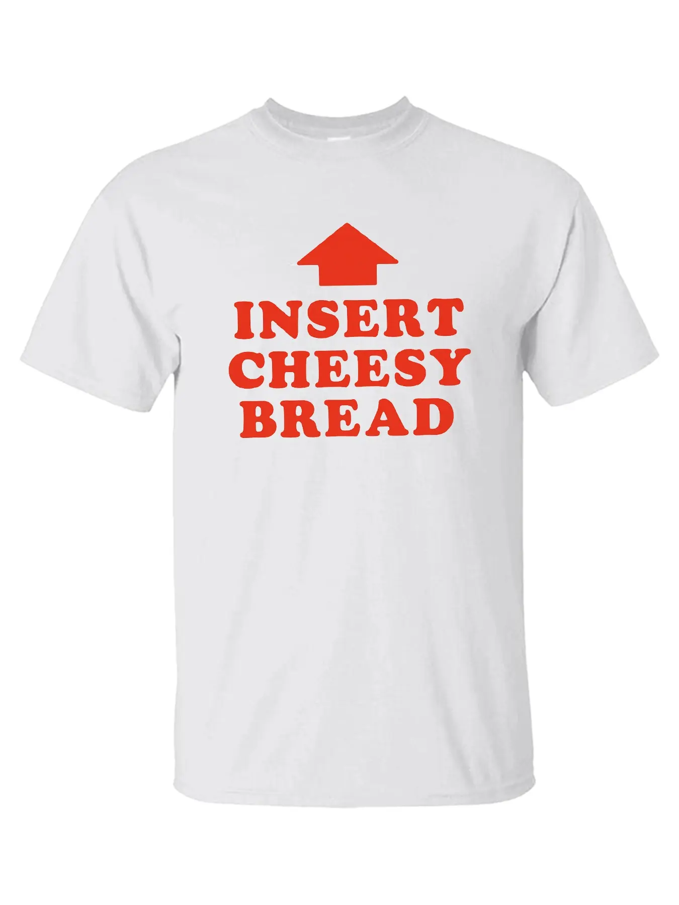 T-Shirt Fitted Casual Round Neck Featuring Red "INSERT CHEESY BREAD" Lettering and Red Arrow Graphic Design Top